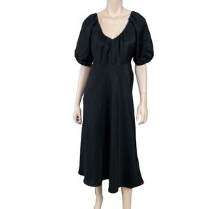 Banana Republic Dress Women 6P Black Short Sleeve Midi A-Line Puff Sleeve Tie